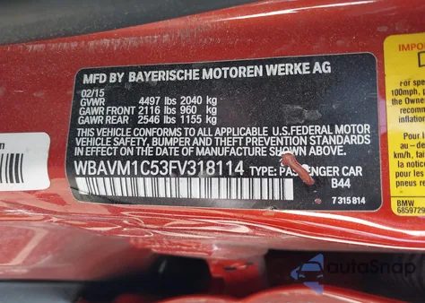 2015 BMW X1 Sdrive28I z USA, uszkodzony, nr VIN WBAVM1C53FV318114